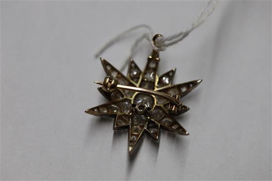 A Victorian gold, silver and old mine and cushion cut diamond set starburst pendant brooch,